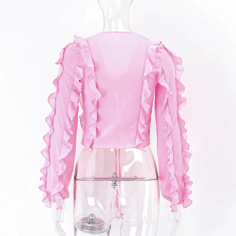 Cute heart-shaped bow tie blouse for girls in pink with ruffled v-neck and slim fit