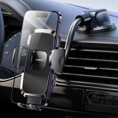 360-degree rotating car phone holder with flexible arm and universal smartphone compatibility