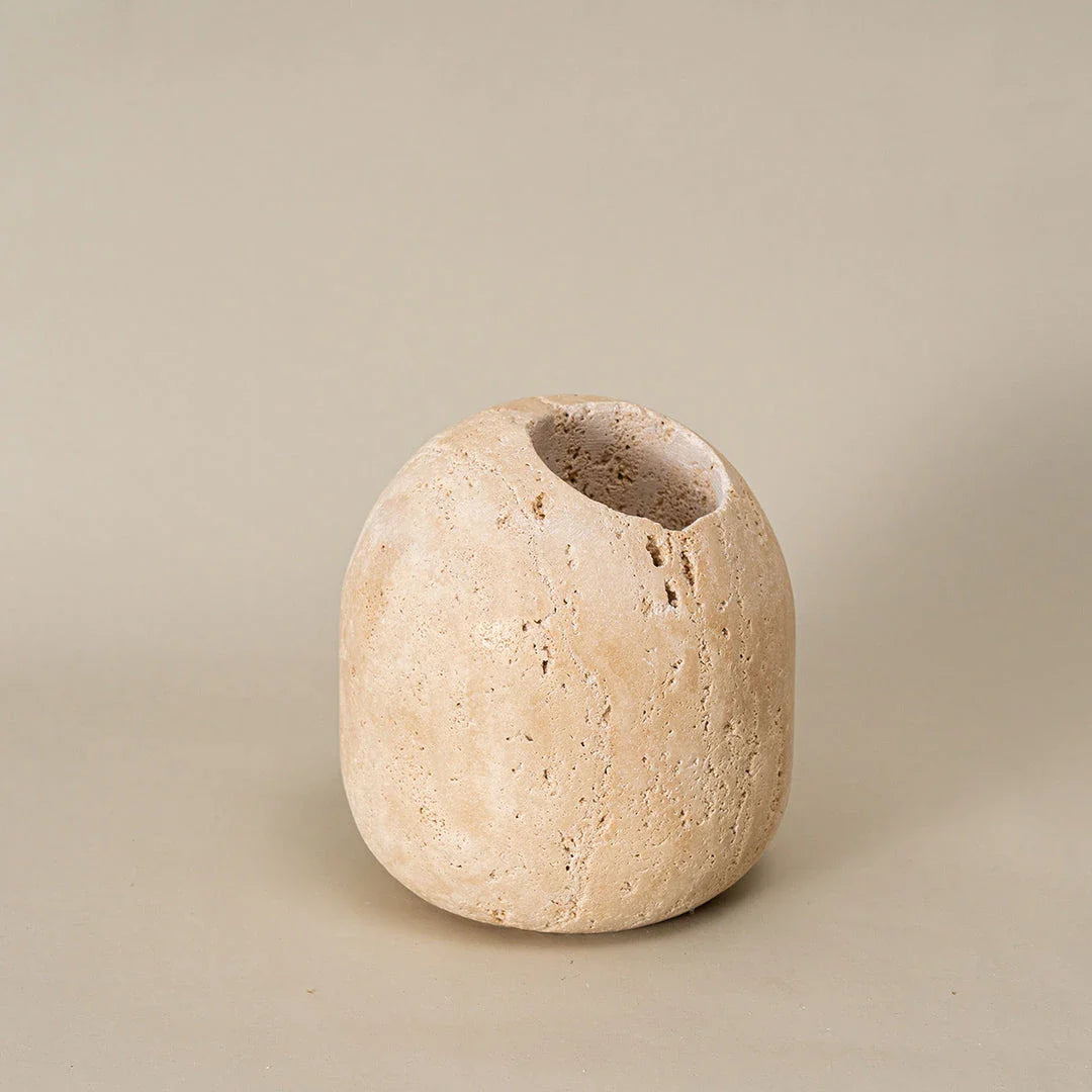 Elegant beige travertine stone match holder and toothpick jar with vintage design, perfect for home decor