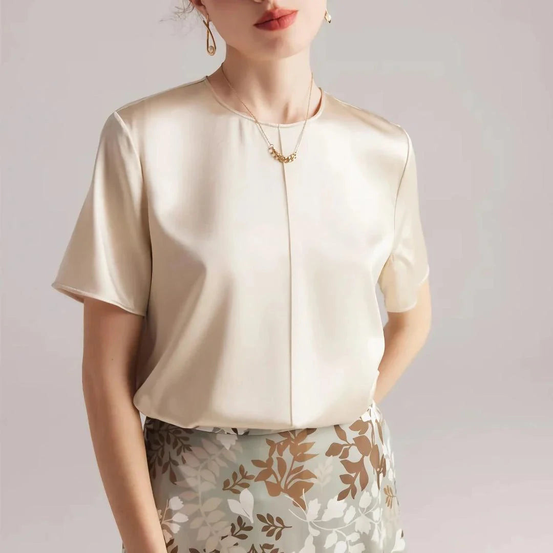 Elegant mulberry silk women's summer tee in olive color with classic O-neck design