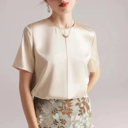 Elegant mulberry silk women's summer tee in olive color with classic O-neck design