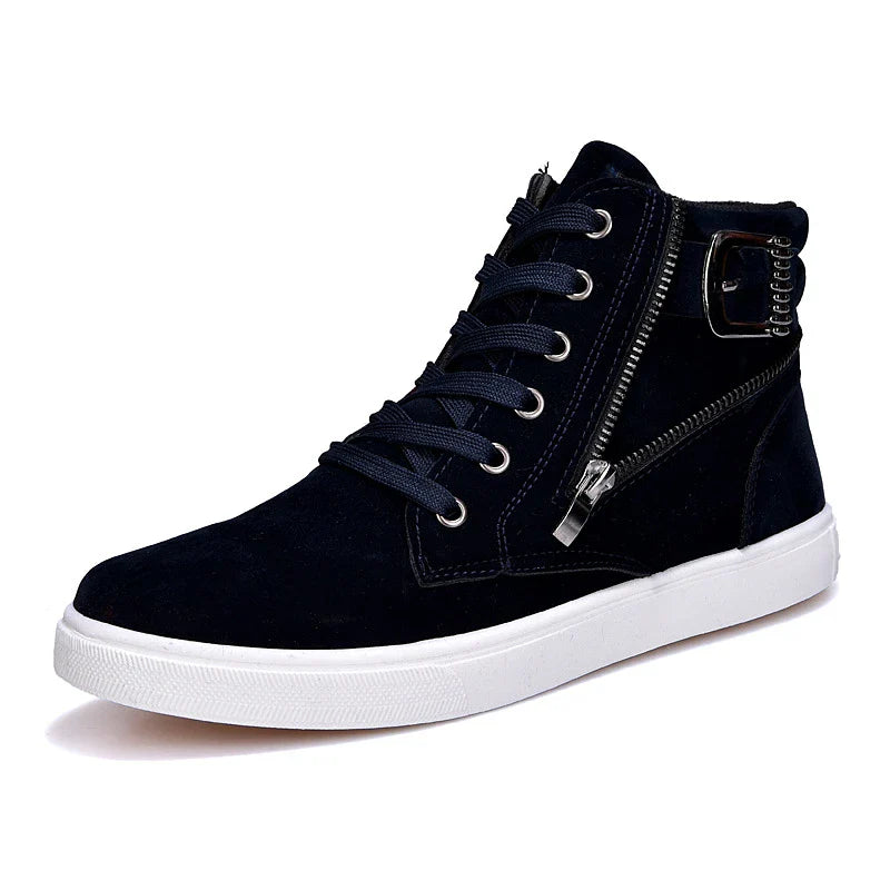 Stylish men's suede sneakers with a belt buckle detail, available in yellow, black, and dark blue colors.