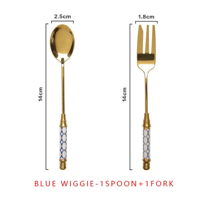 Elegant vintage gold and ceramic coffee, dessert fork and spoon set with hand-painted classical designs