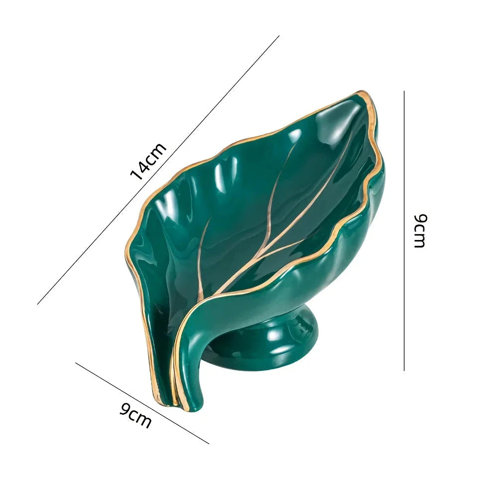 Elegant ceramic leaf-shaped soap dish with a heart design, perfect for adding a touch of nature-inspired luxury to your bathroom decor