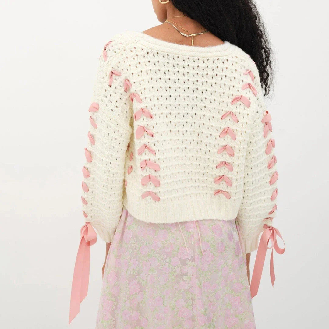 Chic Contrast V-Neck Tie Cardigan for Women in White - Soft, Cozy, and Stylish Knit Sweater