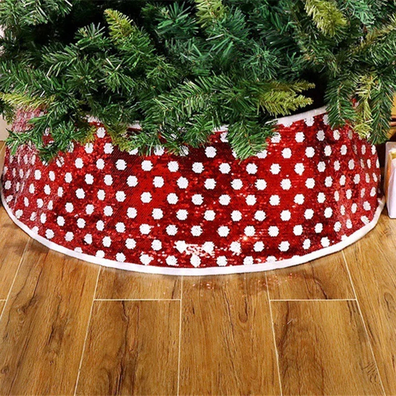 Festive Christmas tree skirt with red and white polka dot pattern and shimmering sequins