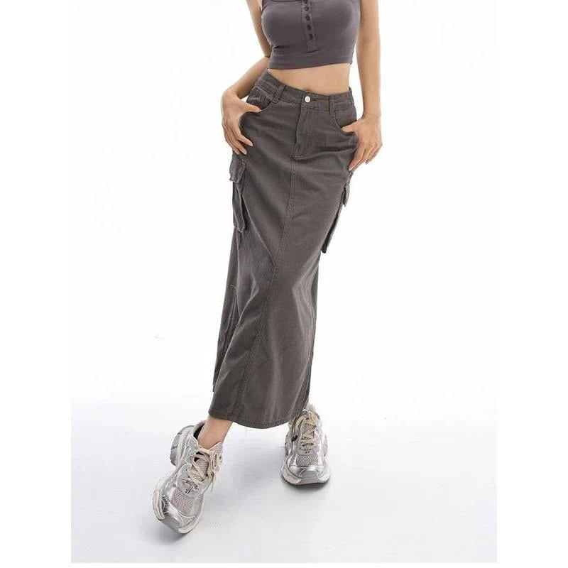New Cargo Long Skirt - A versatile, mid-calf length skirt with a drawstring waist, pockets, and a flattering A-line silhouette