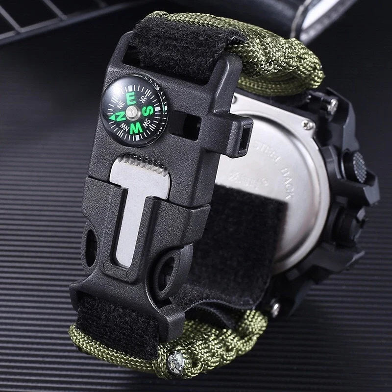 Outdoor survival watch with compass, parachute cord, and water-resistant design for rugged adventures