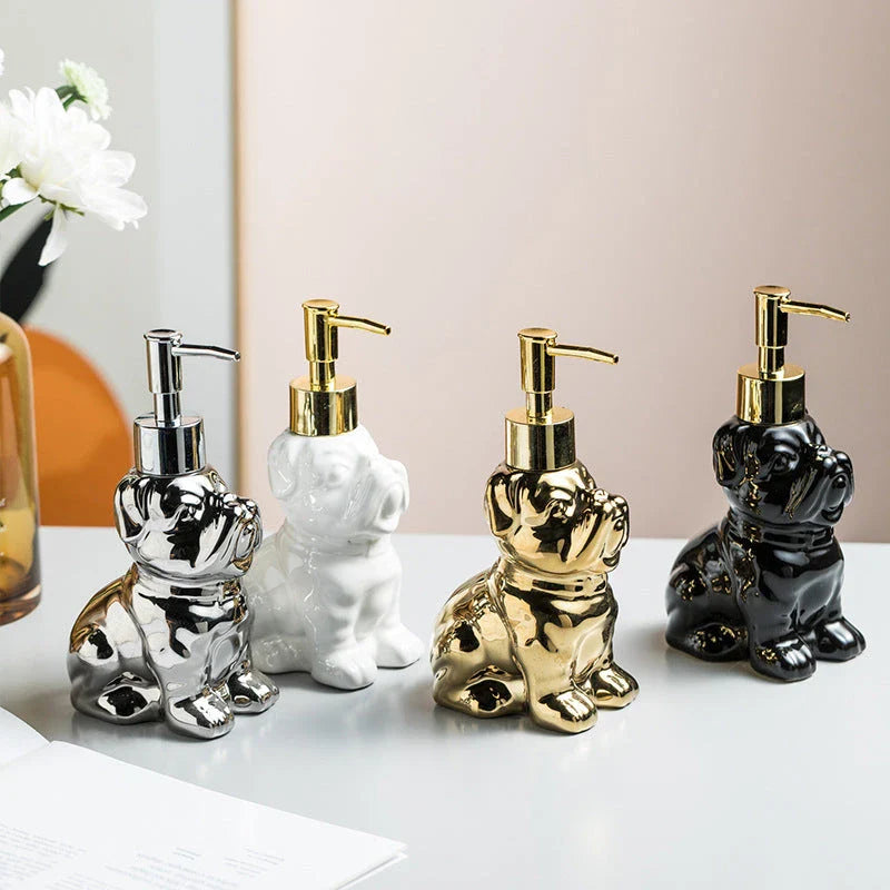 Premium 280ML ceramic dog-shaped soap dispenser with elegant gold and silver finishes for luxurious bathroom decor
