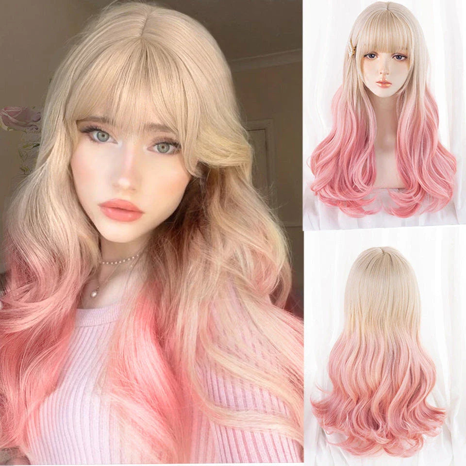 A long, curly wig made from high-quality chemical fibers in a variety of vibrant colors, perfect for cosplay, parties, or everyday wear.