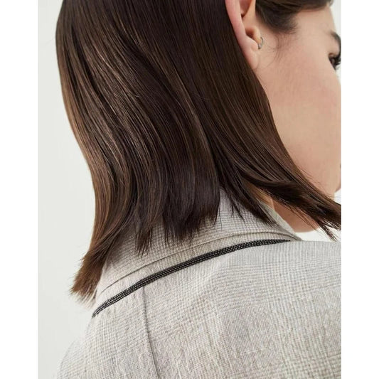 Elegant women's linen suit set with beaded blazer and straight trousers in various sizes