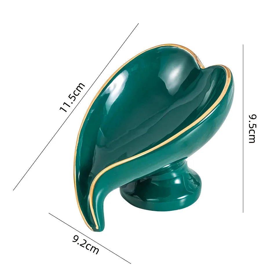 Elegant ceramic leaf-shaped soap dish with a heart design, perfect for adding a touch of nature-inspired luxury to your bathroom decor