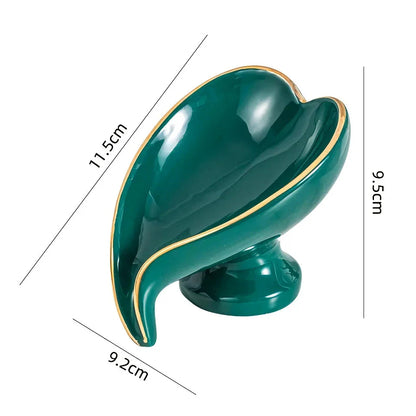 Elegant ceramic leaf-shaped soap dish with a heart design, perfect for adding a touch of nature-inspired luxury to your bathroom decor