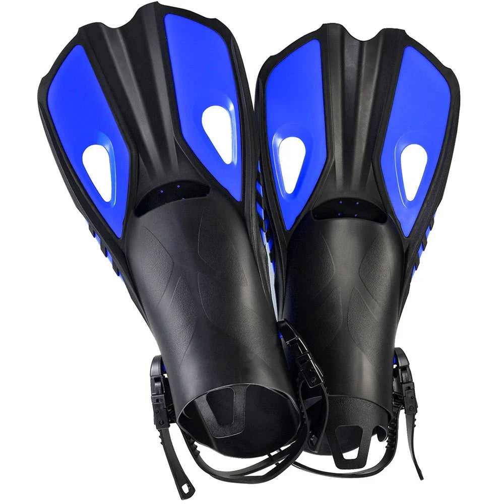 A pair of adjustable travel snorkel fins in various sizes and colors, perfect for underwater adventures and water sports.
