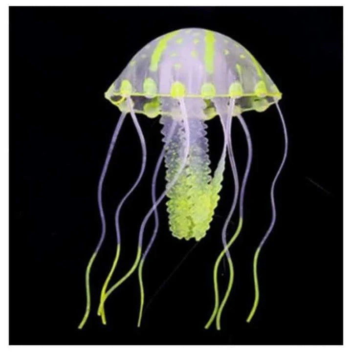 Glowing artificial jellyfish decoration with pulsing silicone tentacles and a fluorescent powder glow, ideal for aquariums and water features