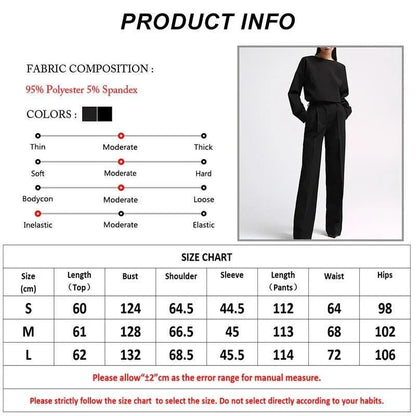 Elegant two-piece office suit with long-sleeve top and wide-leg pants, crafted from high-quality synthetic fiber for a sophisticated and comfortable look.