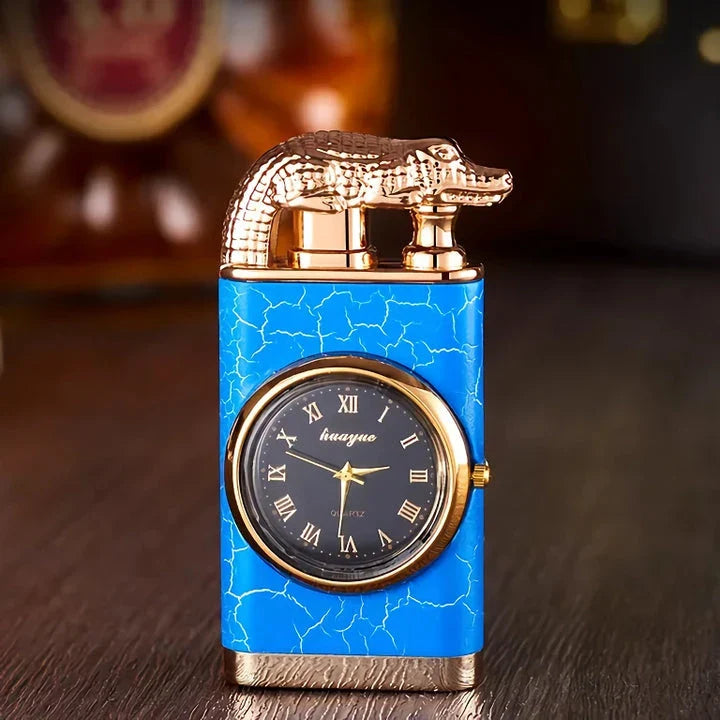 Premium dual-flame metal lighter with a distinctive crocodile head design, providing both style and functionality for outdoor and indoor use.