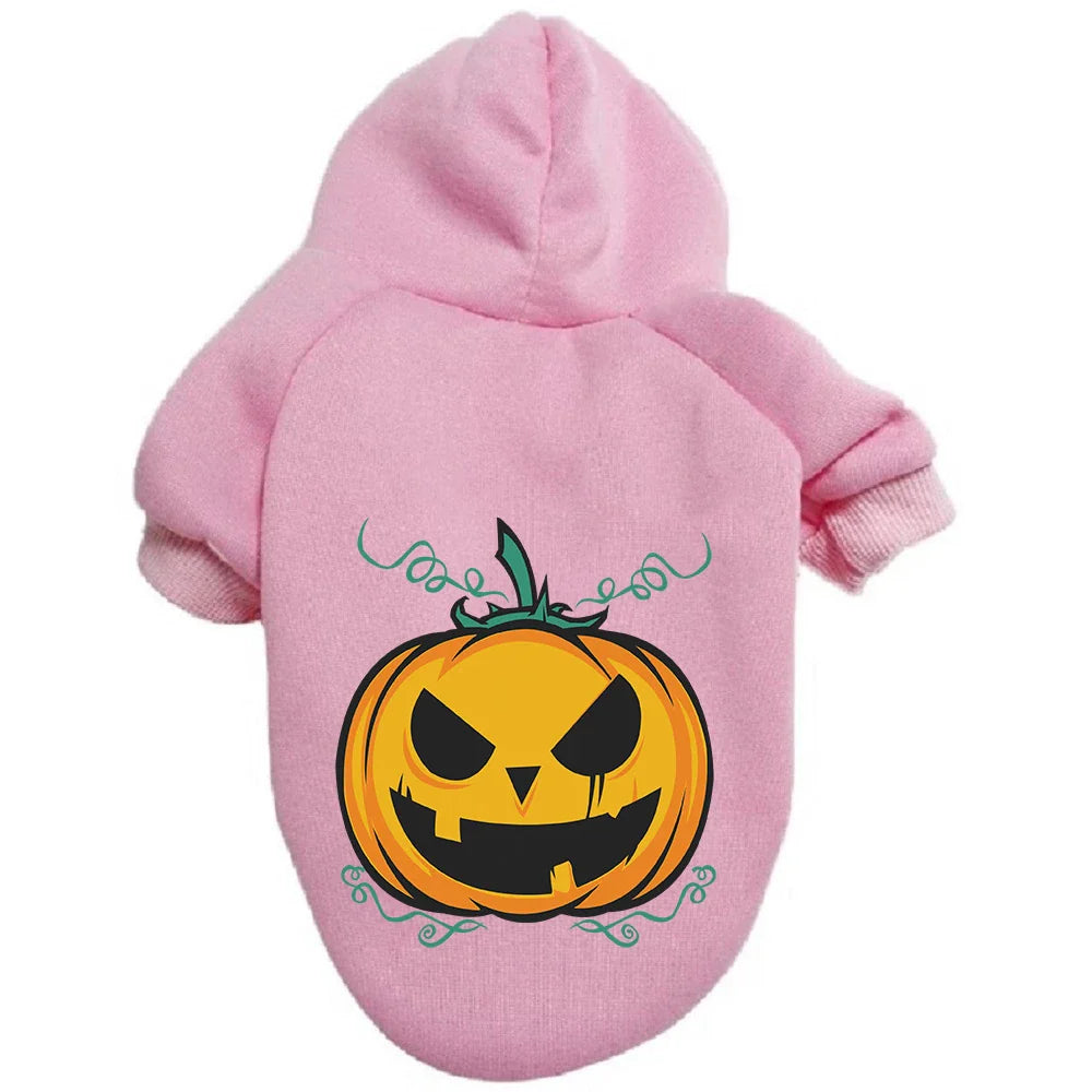 A cozy pumpkin-themed dog sweater in various vibrant colors, perfect for Halloween festivities.