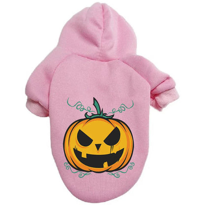 A cozy pumpkin-themed dog sweater in various vibrant colors, perfect for Halloween festivities.