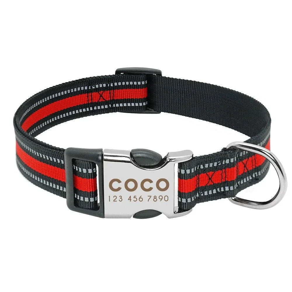 A striped reflective dog collar made of durable nylon material, ensuring visibility and safety for your furry friend during walks and outdoor adventures.