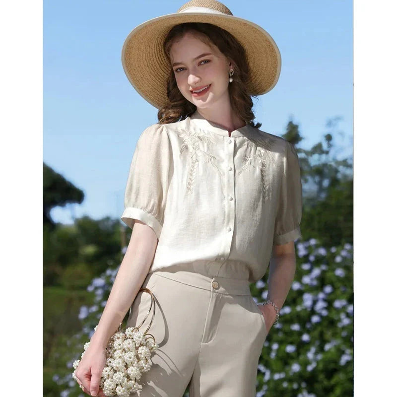 Elegant puff sleeve Chinese-inspired silk blend blouse with sophisticated design