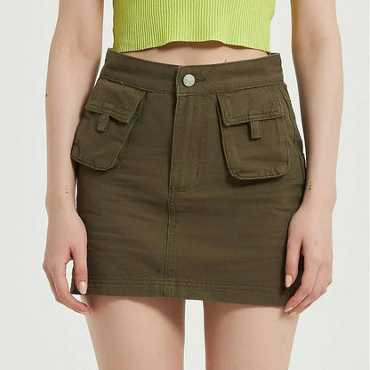 Chic green denim high-waist pencil skirt with convenient pockets, offering a flattering and versatile look for any occasion.