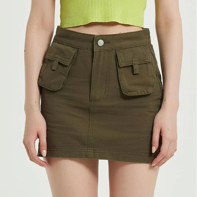 Hhomeenjoy US Chic Green Denim High-Waist Pencil Skirt with Pockets
