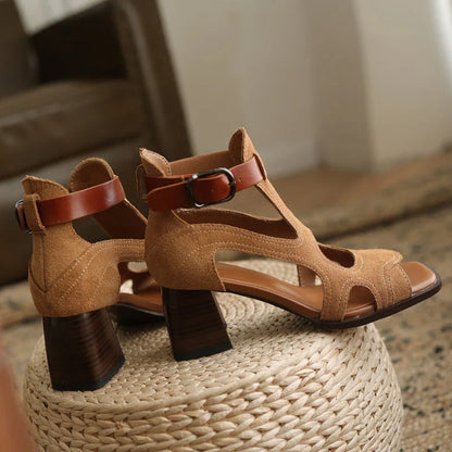 Elegant leather gladiator sandals with adjustable buckle closure and square high heel for stylish summer occasions