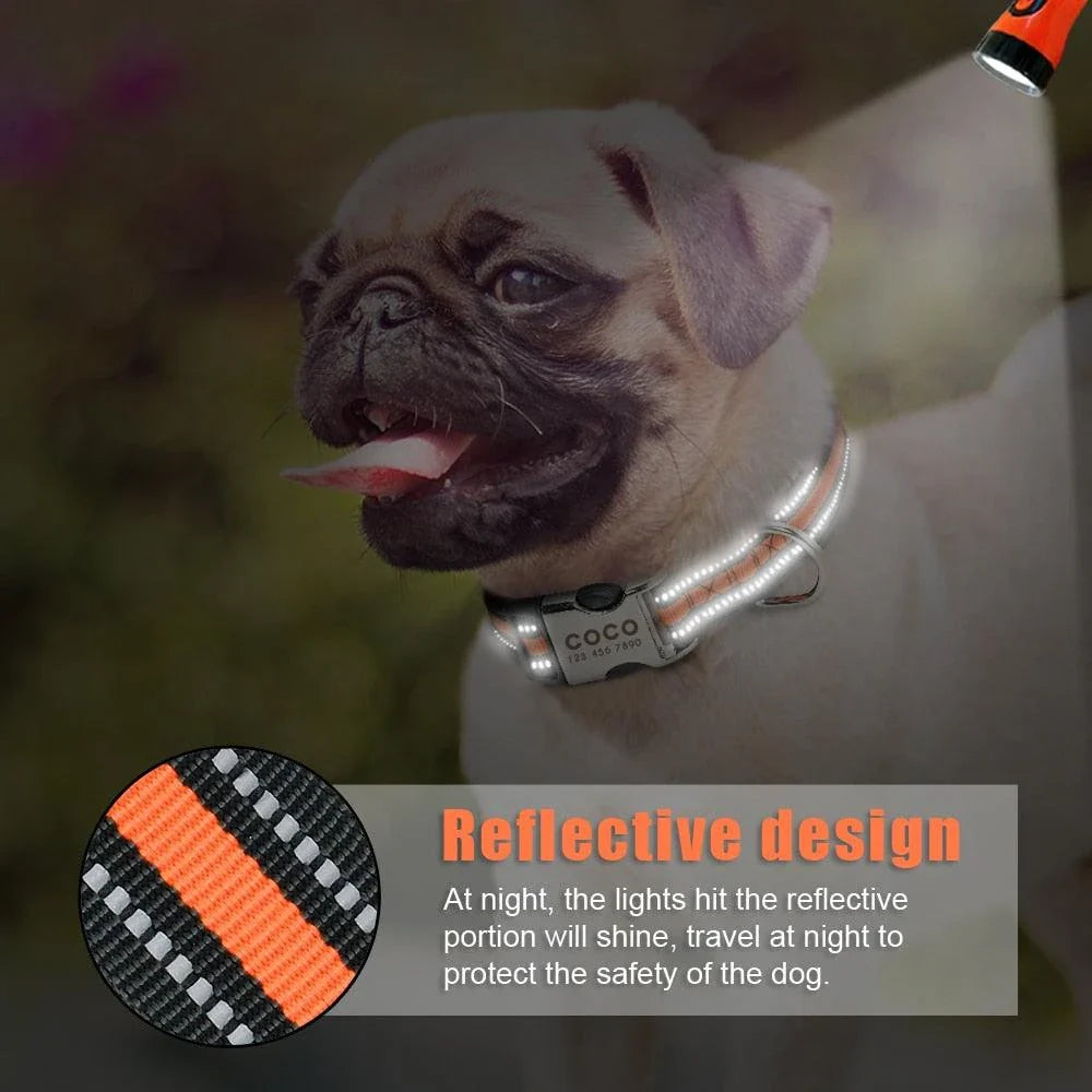 A striped reflective dog collar made of durable nylon material, ensuring visibility and safety for your furry friend during walks and outdoor adventures.