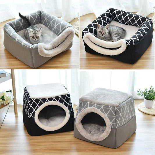 Collapsible cat house and bed made of soft, cozy fleece material in a compact, space-saving design