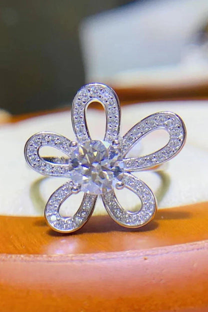 Elegant 1 carat moissanite flower-shaped open ring in platinum-plated sterling silver with sparkling zircon accents
