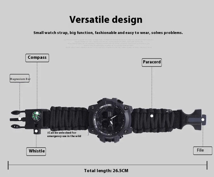 Outdoor survival watch with compass, parachute cord, and water-resistant design for rugged adventures