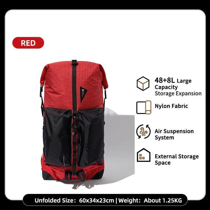 Durable Mountaineering Backpack with 48-liter main compartment, abrasion-resistant 420D Nylon construction, and adjustable features for comfortable outdoor adventures
