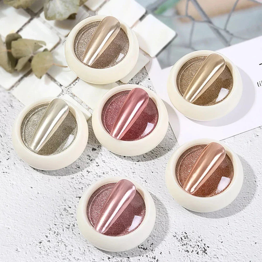 A 6-piece set of metallic glitter nail powders in stunning shades like champagne, rose gold, silver, gold, bronze, and platinum.