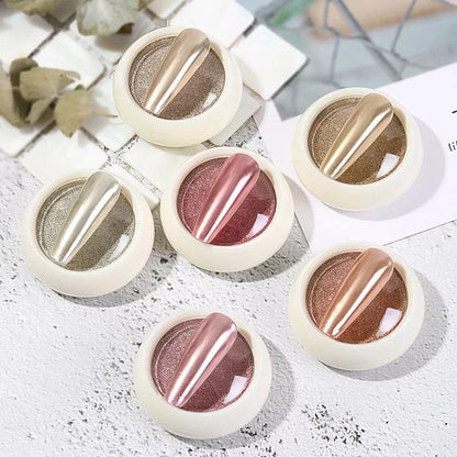 A 6-piece set of metallic glitter nail powders in stunning shades like champagne, rose gold, silver, gold, bronze, and platinum.