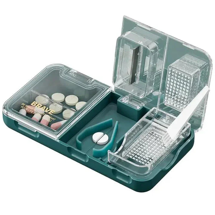 A versatile 3-in-1 pill cutter, crusher, and storage device with a sharp stainless steel blade, anti-slip silicone pad, and moisture-proof storage compartment for seamless medication management.