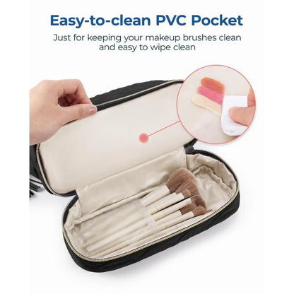 Elegant dual-layer makeup organizer bag in pink color with stylish tassel zippers and smooth zipper closure for easy access to cosmetics and beauty essentials