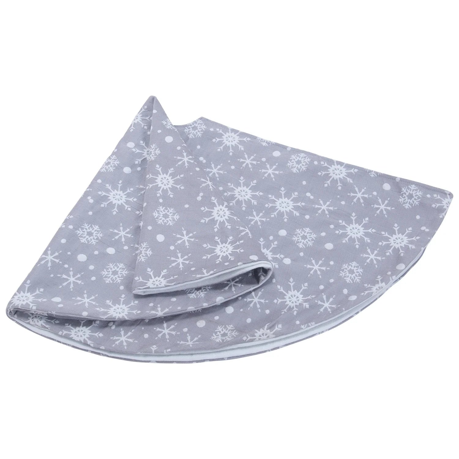 Elegant gray and white snowflake Christmas tree skirt for festive holiday home decor