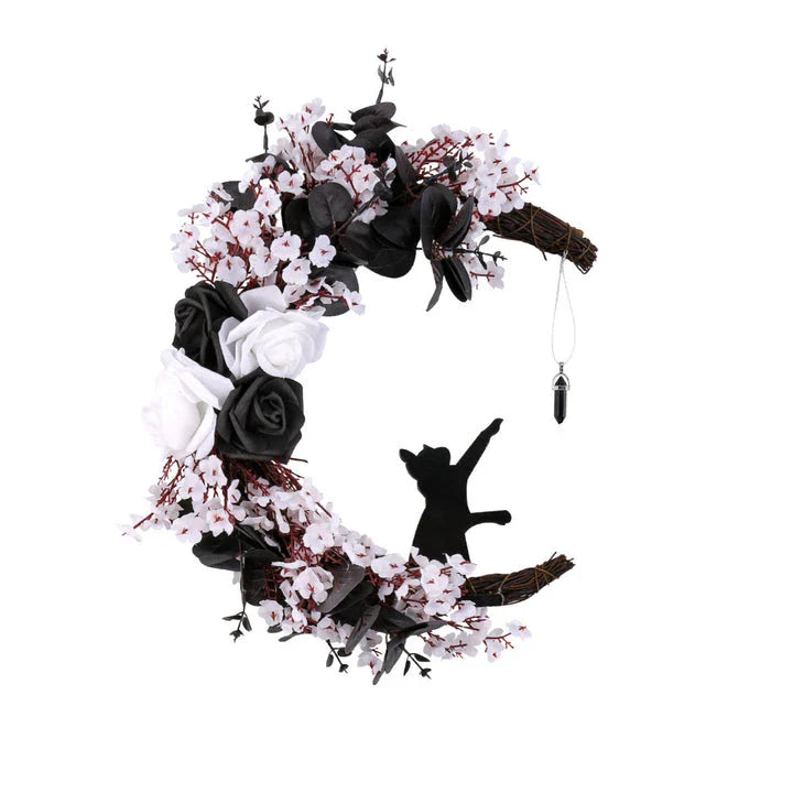 Halloween White Flower Black Rose Dried Wood Moon Cat Garland Ornaments