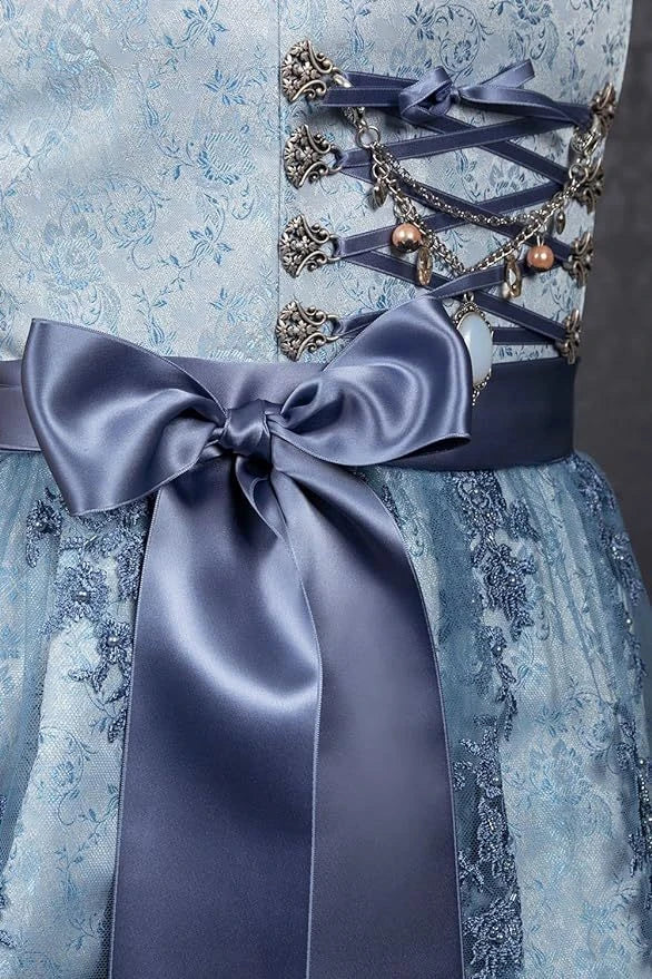 Bavarian-inspired 3-piece women's outfit with A-line skirt, pullover top, and jacquard pattern in sapphire blue color