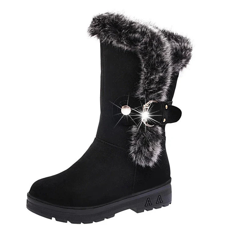 Women's winter snow boots in black, brown, and wine red colors with flocking upper material, wedge heel, and buckle closure