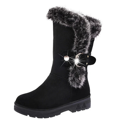 Women's winter snow boots in black, brown, and wine red colors with flocking upper material, wedge heel, and buckle closure