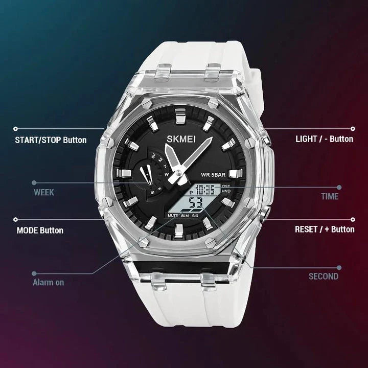 A durable, waterproof digital sports watch with LED lighting for easy reading in any conditions