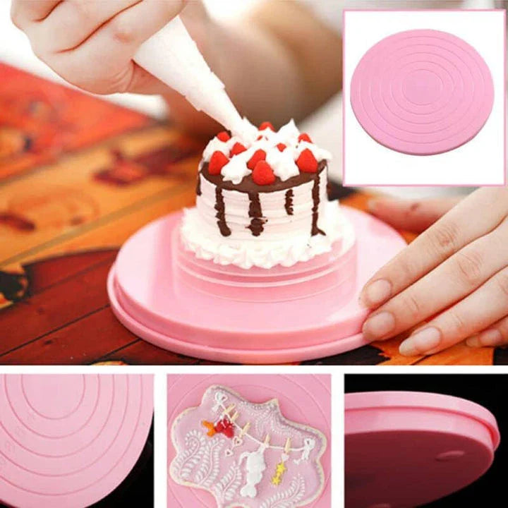 Pink rotating anti-skid cake turntable with stainless steel ball bearing for easy cake decorating