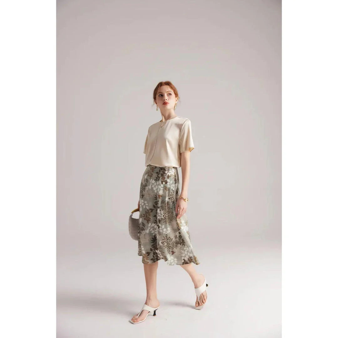 Elegant mulberry silk women's summer tee in olive color with classic O-neck design