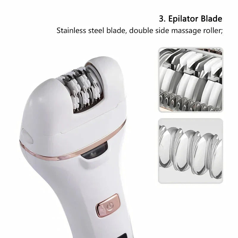 4-in-1 Electric Lady Shaver and Foot Callus Remover with stainless steel blades, adjustable speeds, and waterproof design for smooth, beautiful skin