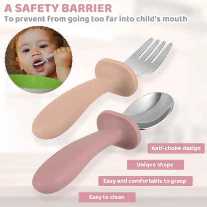 Cartoon Stainless Steel Kids' Cutlery Set with spoon and fork in playful designs, perfect for toddler and child mealtime
