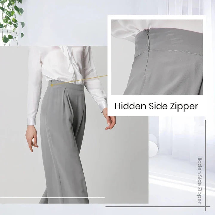 Elegant grey silk wide-leg pants with a high-waist design and concealed side zipper for a flattering, comfortable fit.
