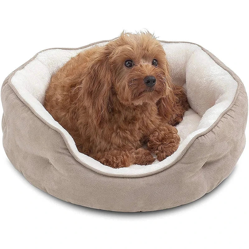 Cozy round small pet bed in beige color, made of soft microfiber fleece for ultimate comfort and relaxation
