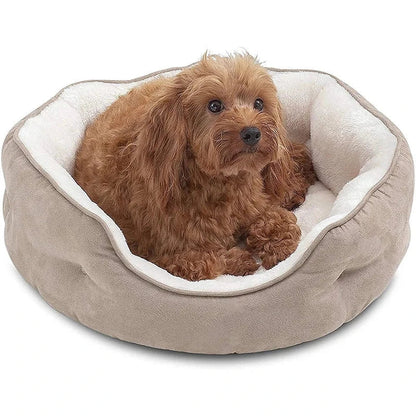 Cozy round small pet bed in beige color, made of soft microfiber fleece for ultimate comfort and relaxation